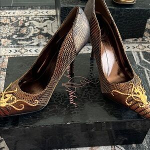 Baby Phat Brown Snake-Embossed Heels with Gold Accent